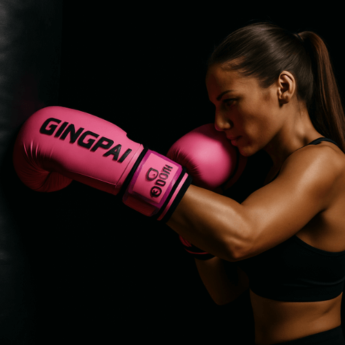 Femme se préparant à frapper un sac de frappe avec des gants de boxe roses légers et résistants, marqués GINGPAI.