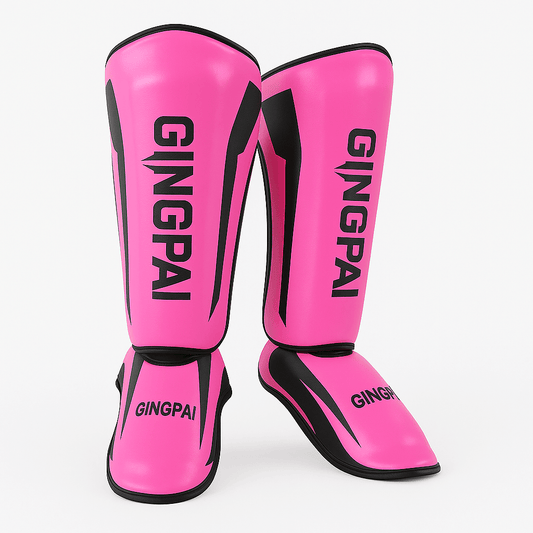 Protège-tibia boxe pour femme, confort léger, idéal pour kickboxing, en couleur rose avec marque GINGPAI.